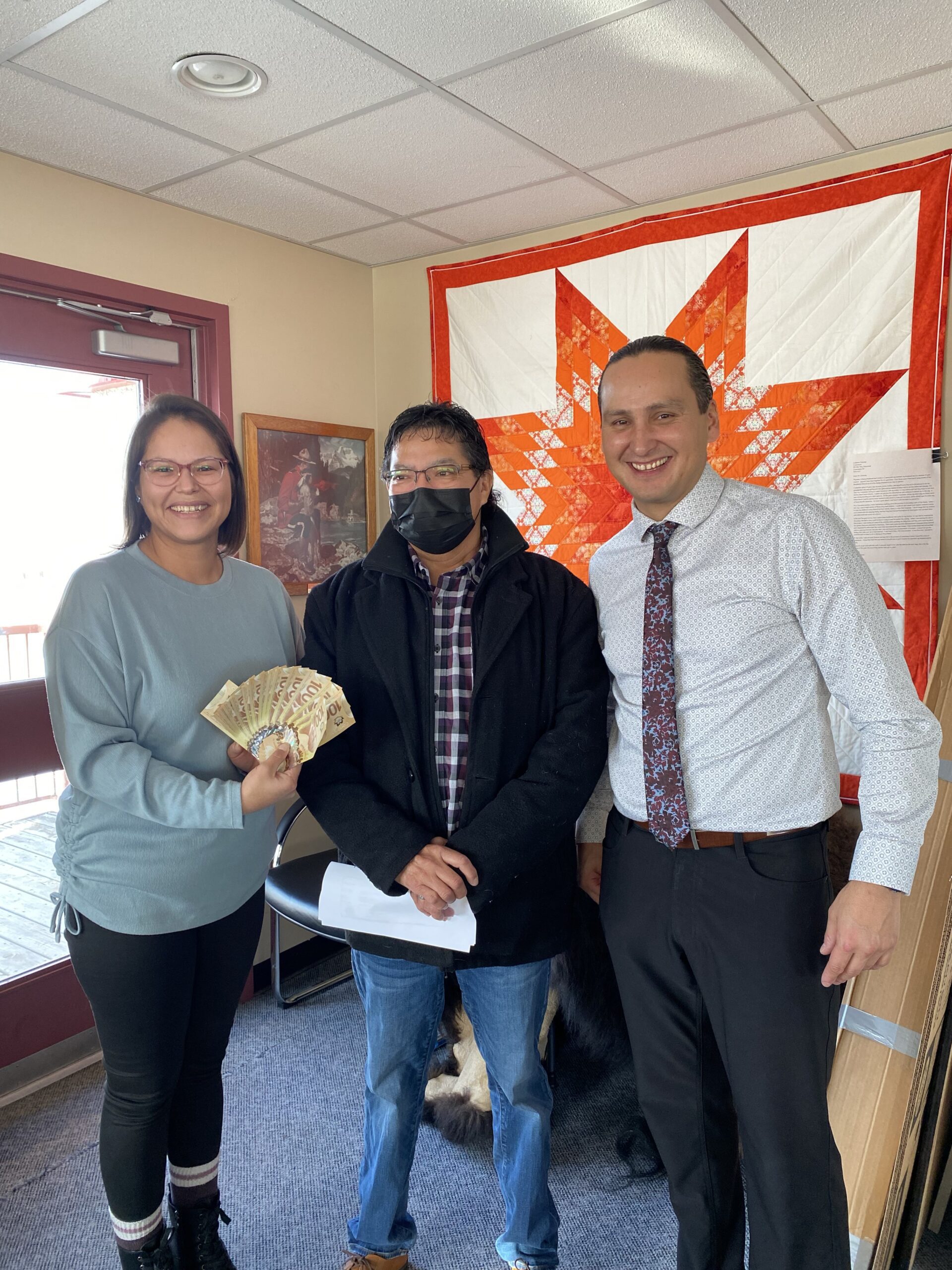 Left to Right - Randi Lerat (Cowesses First Nation), Randy Sangwais (Corrosion Service Company), Chief Cadmus Delorme (Cowessess First Nation) 2022 Christmas Food Hamper Contribution